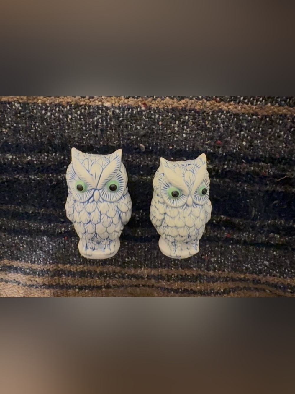 Ceramic Owl salt/pepper shakers, white/blue trim, used.